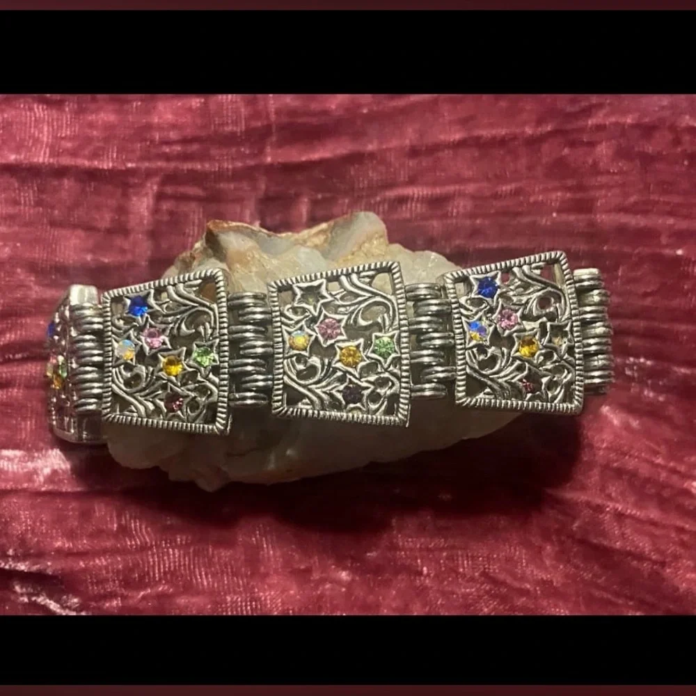 Silver Tone Star Rhinestone Multi Color Panel Bracelet #9274 ❤️‍🔥